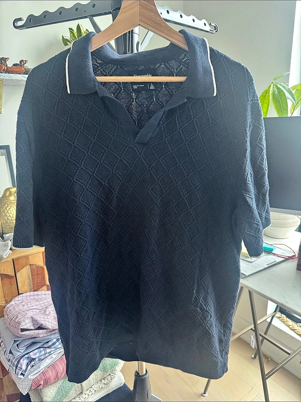 Abercrombie & Fitch Diamond Stitch Button-Through Sweater Polo Sweater Polo Blue